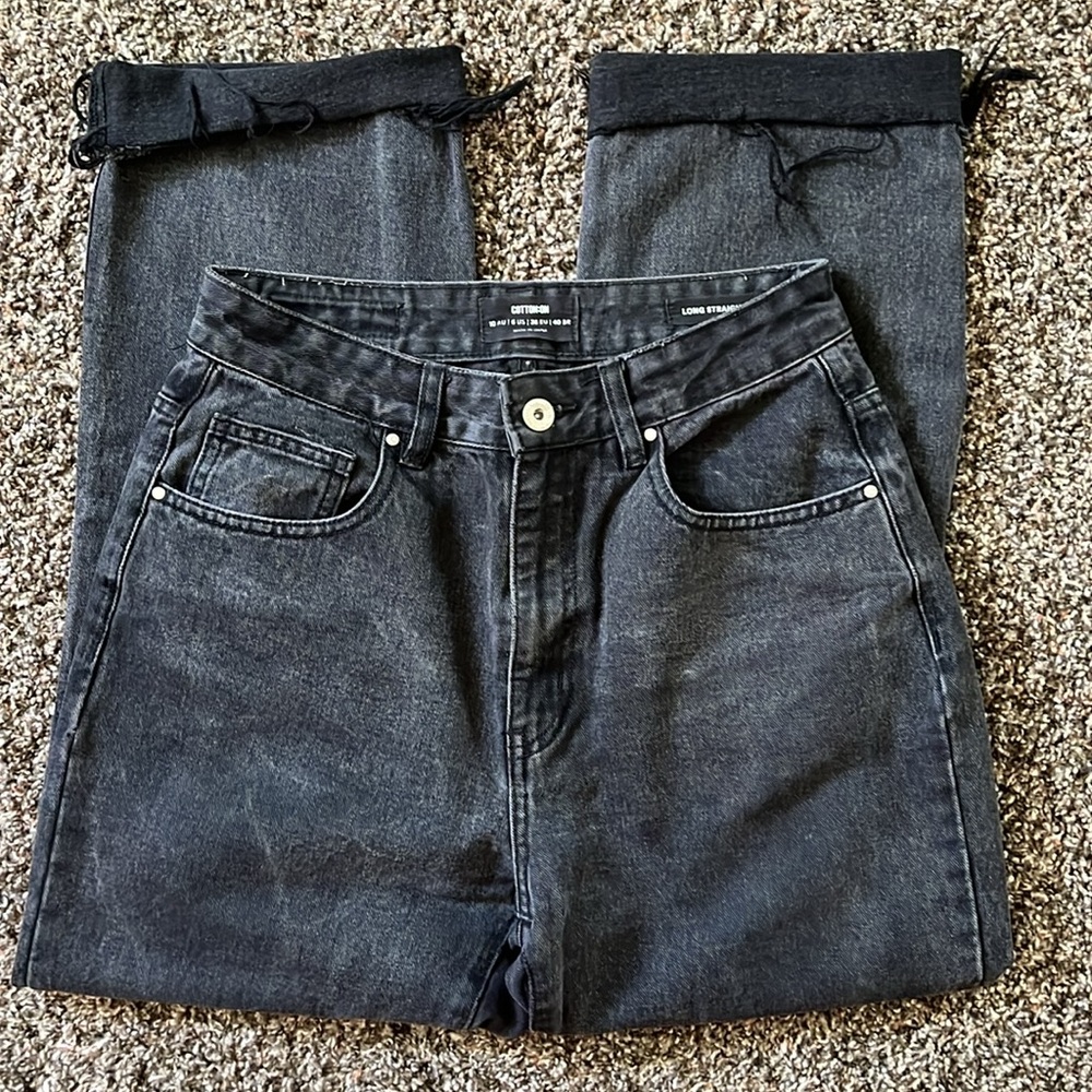 Cotton On Black Long Straight Leg Denim Distressed Jeans, Size 6, Pants Cotton